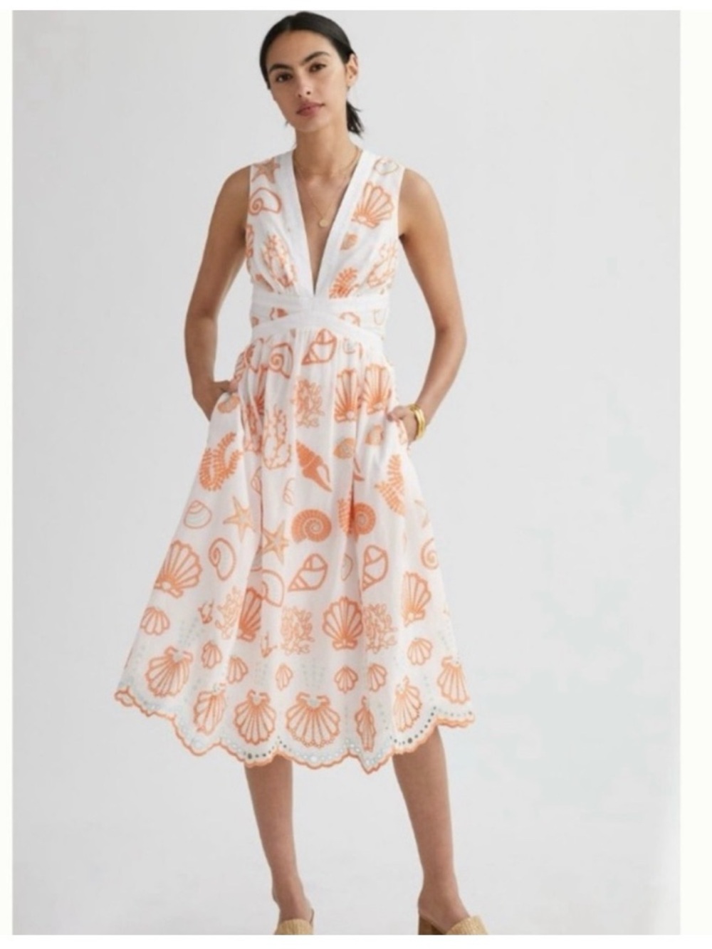 Maeve Anthropologie White & Peach Embroidered Shell Print midi sundress